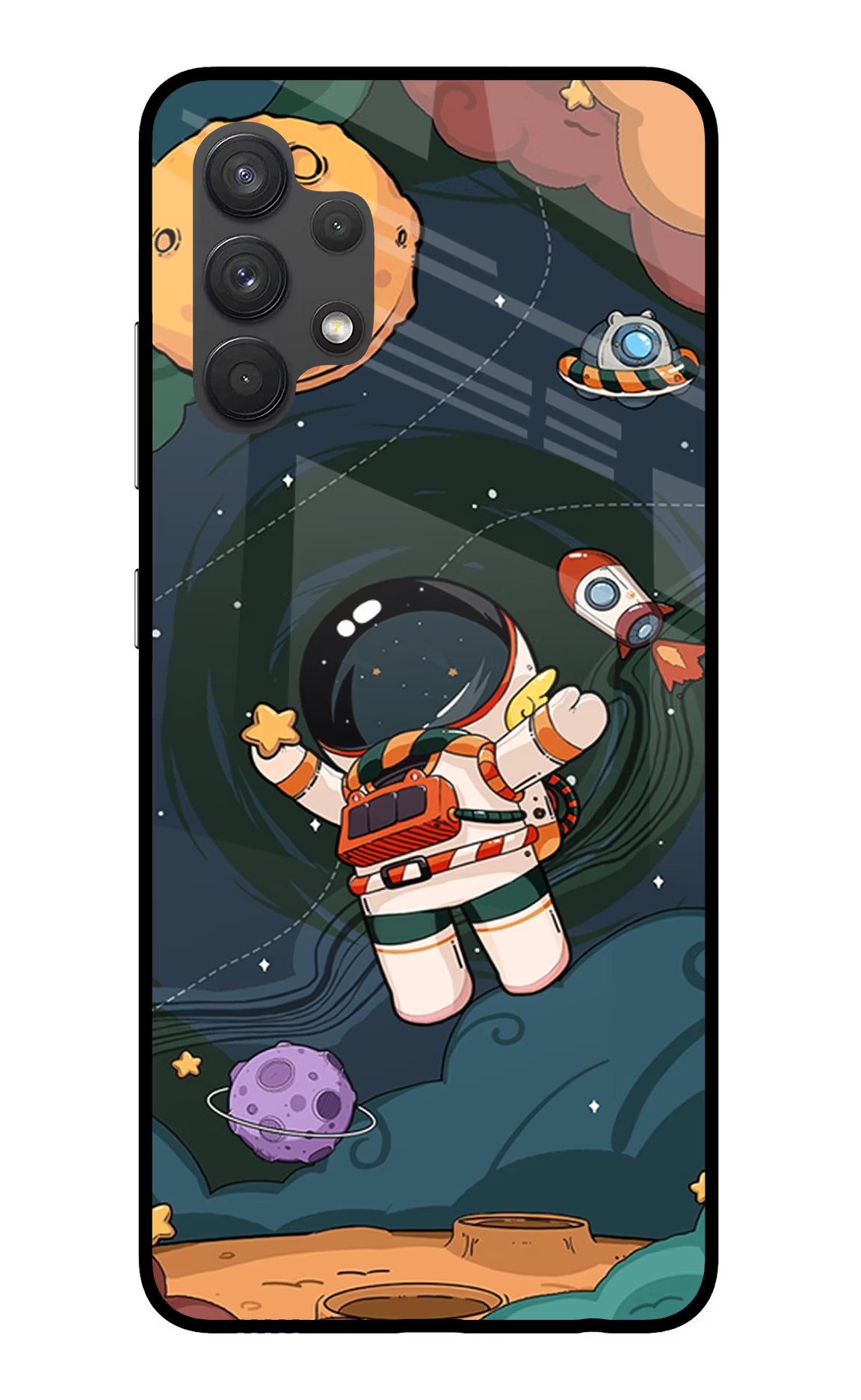 Cartoon Astronaut Samsung A32 4G Glass Case Back Cover by Casekaro