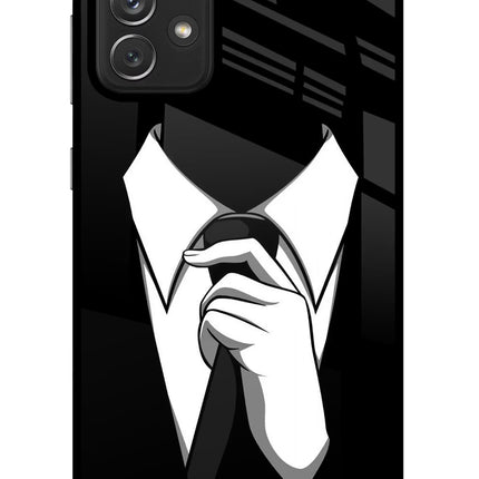 Black Tie Samsung A72 Glass Case Back Cover by Casekaro