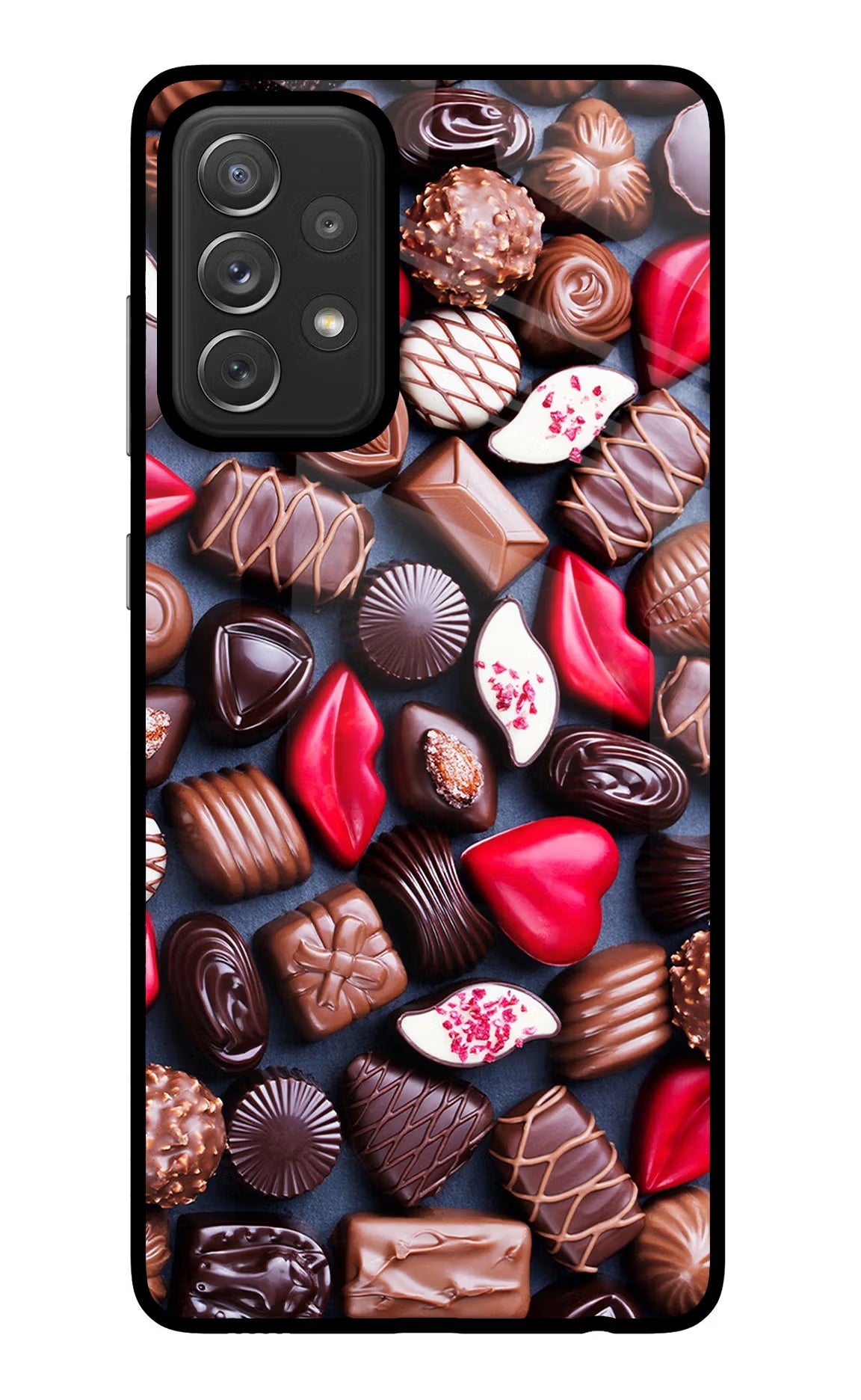 Chocolates Samsung A72 Glass Case Back Cover by Casekaro