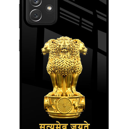 Satyamev Jayate Golden Samsung A72 Glass Case Back Cover by Casekaro