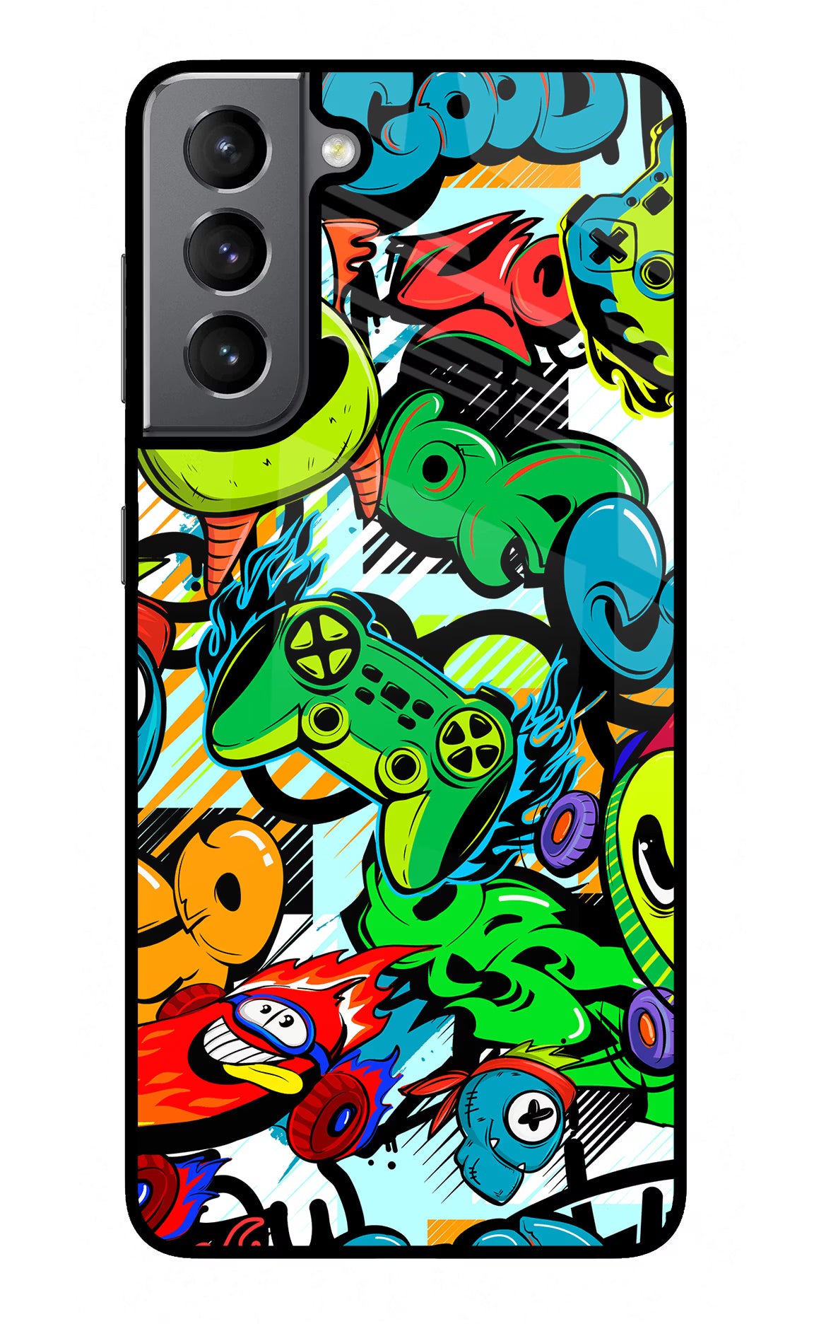 Game Doodle Samsung S21 Glass Case Back Cover by Casekaro