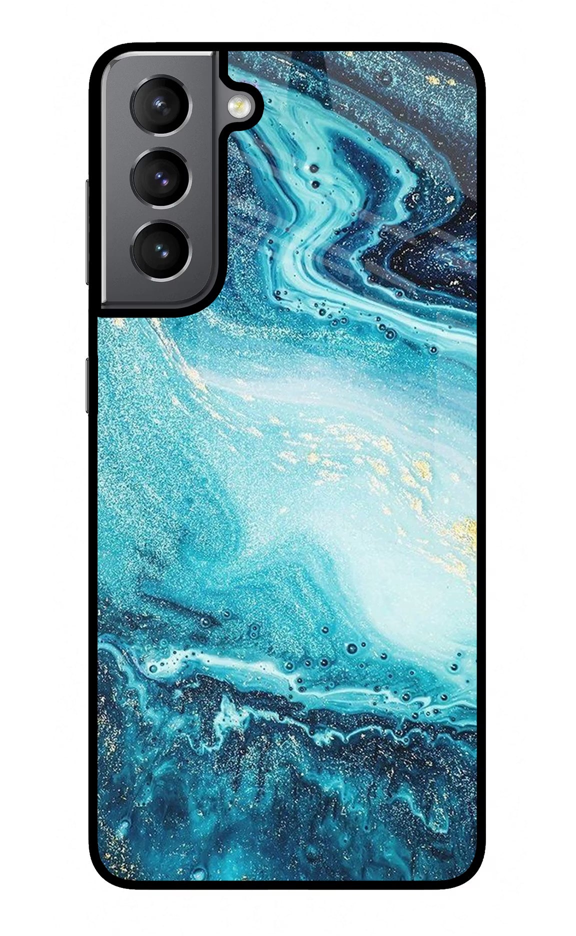 Blue Glitter Marble Samsung S21 Glass Case Back Cover by Casekaro