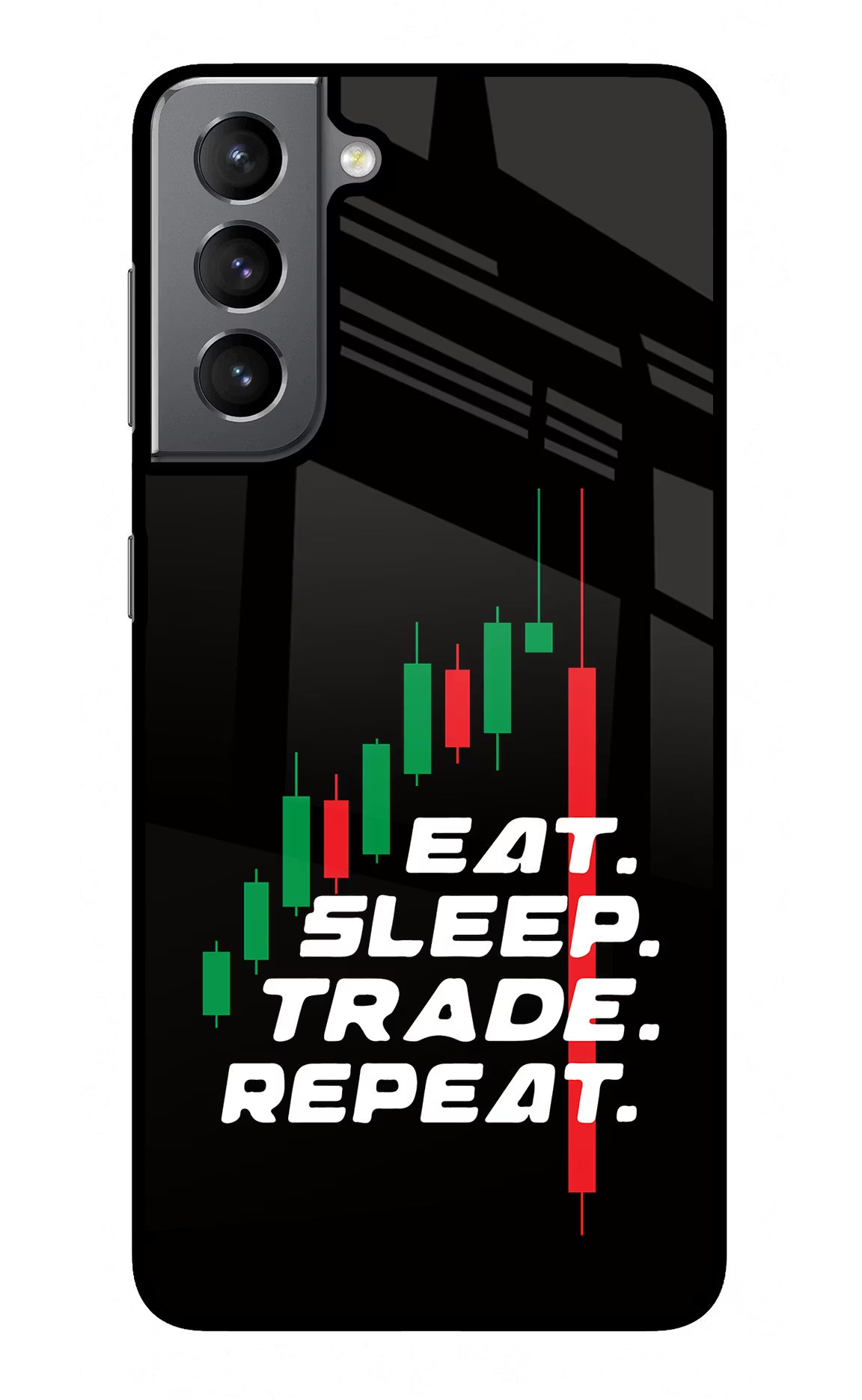 Eat Sleep Trade Repeat Samsung S21 Plus Glass Case Back Cover by Casekaro