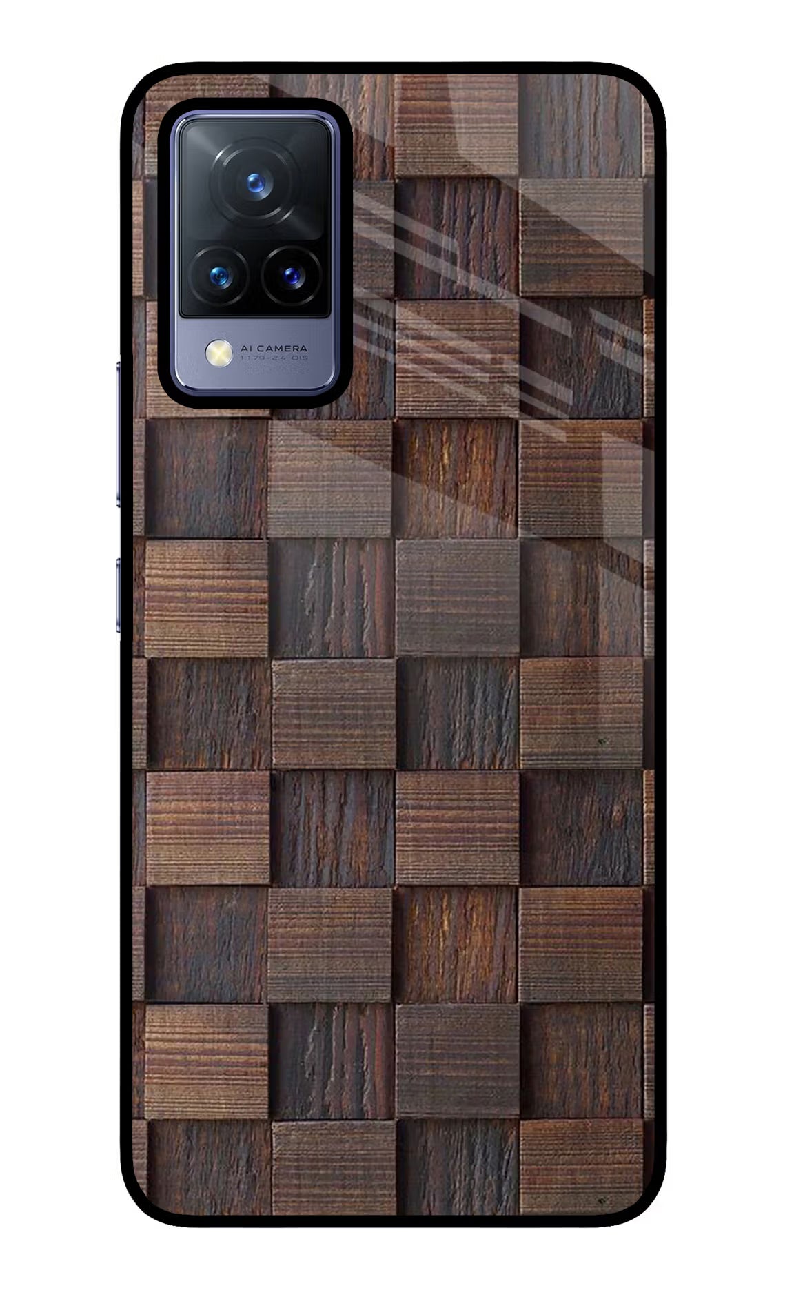 Wooden Cube Design Vivo V21 Glass Case Back Cover by Casekaro