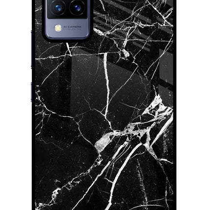 Black Marble Pattern Vivo V21 Glass Case Back Cover by Casekaro