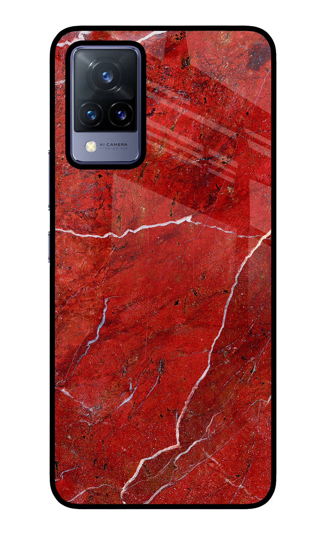 Red Marble Design Vivo V21 Glass Case Back Cover by Casekaro