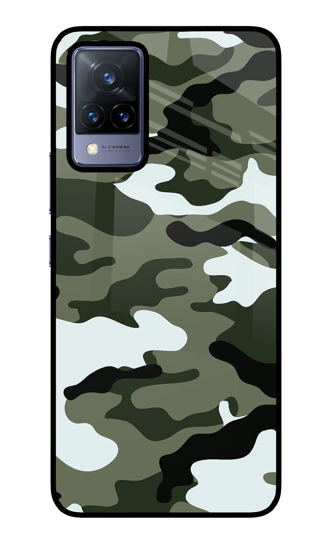 Camouflage Vivo V21 Glass Case Back Cover by Casekaro