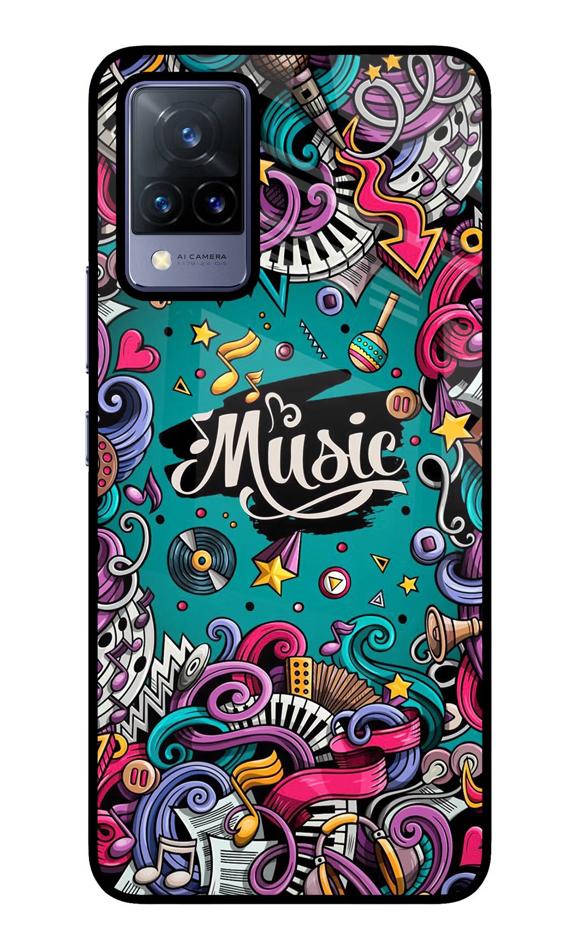 Music Graffiti Vivo V21 Glass Case Back Cover by Casekaro