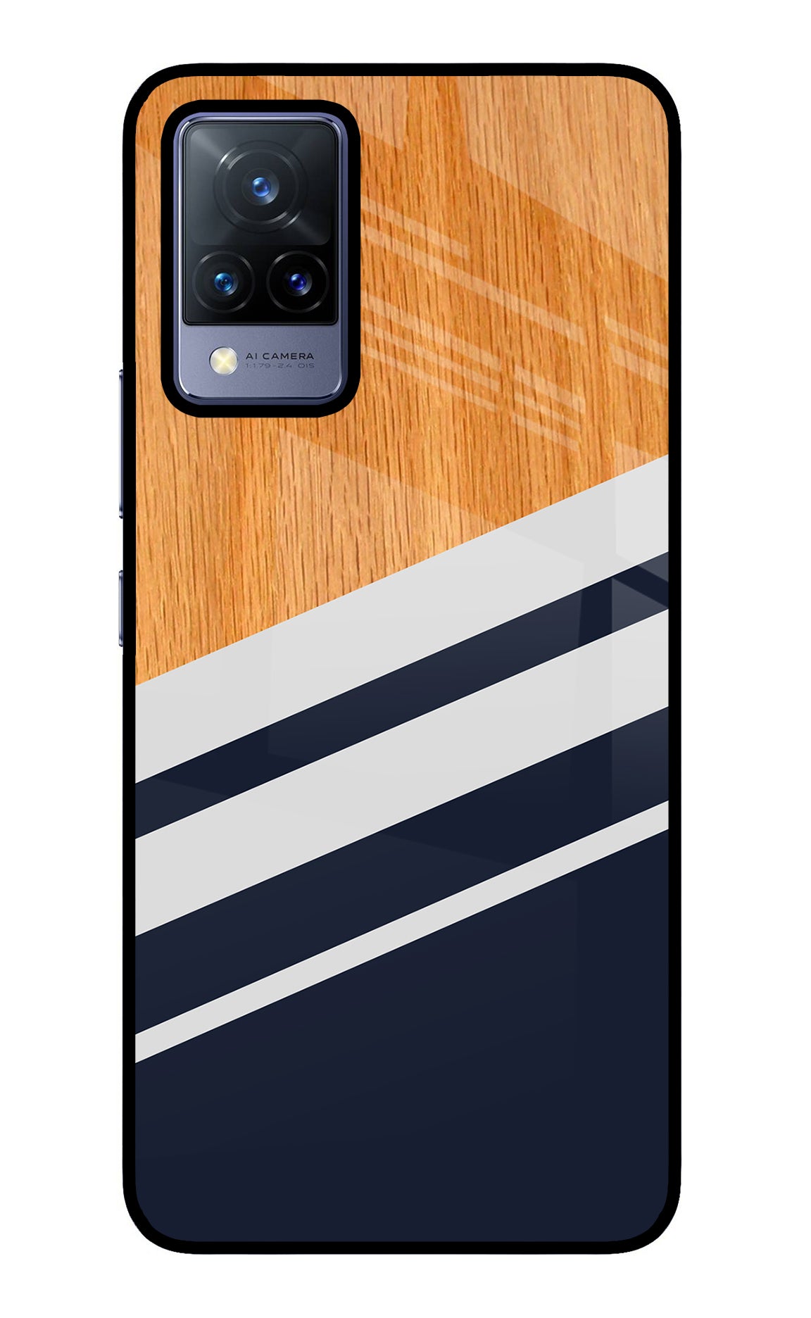 Blue and white wooden Vivo V21 Glass Case