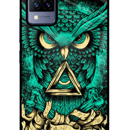 Green Owl Vivo V21 Glass Case Back Cover by Casekaro