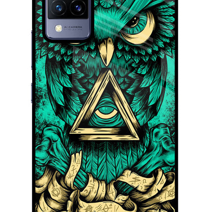 Green Owl Vivo V21 Glass Case Back Cover by Casekaro