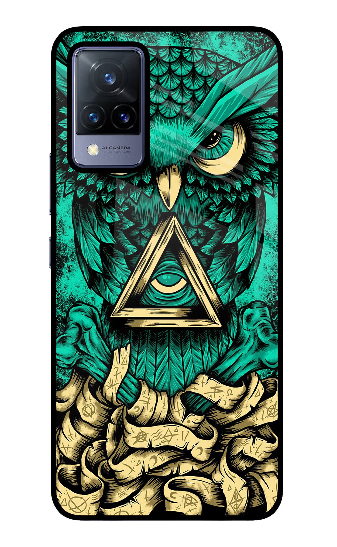Green Owl Vivo V21 Glass Case Back Cover by Casekaro
