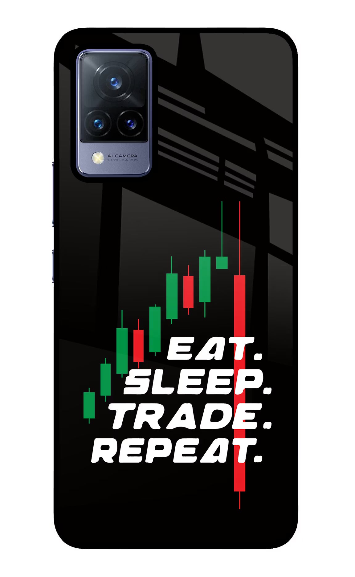 Eat Sleep Trade Repeat Vivo V21 Glass Case Back Cover by Casekaro