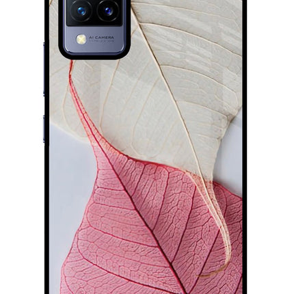 White Pink Leaf Vivo V21 Glass Case Back Cover by Casekaro