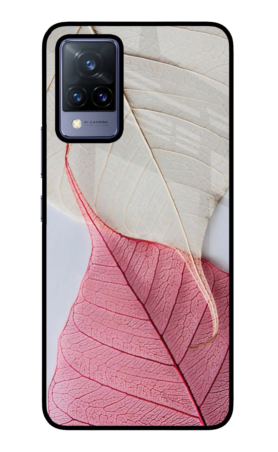 White Pink Leaf Vivo V21 Glass Case Back Cover by Casekaro