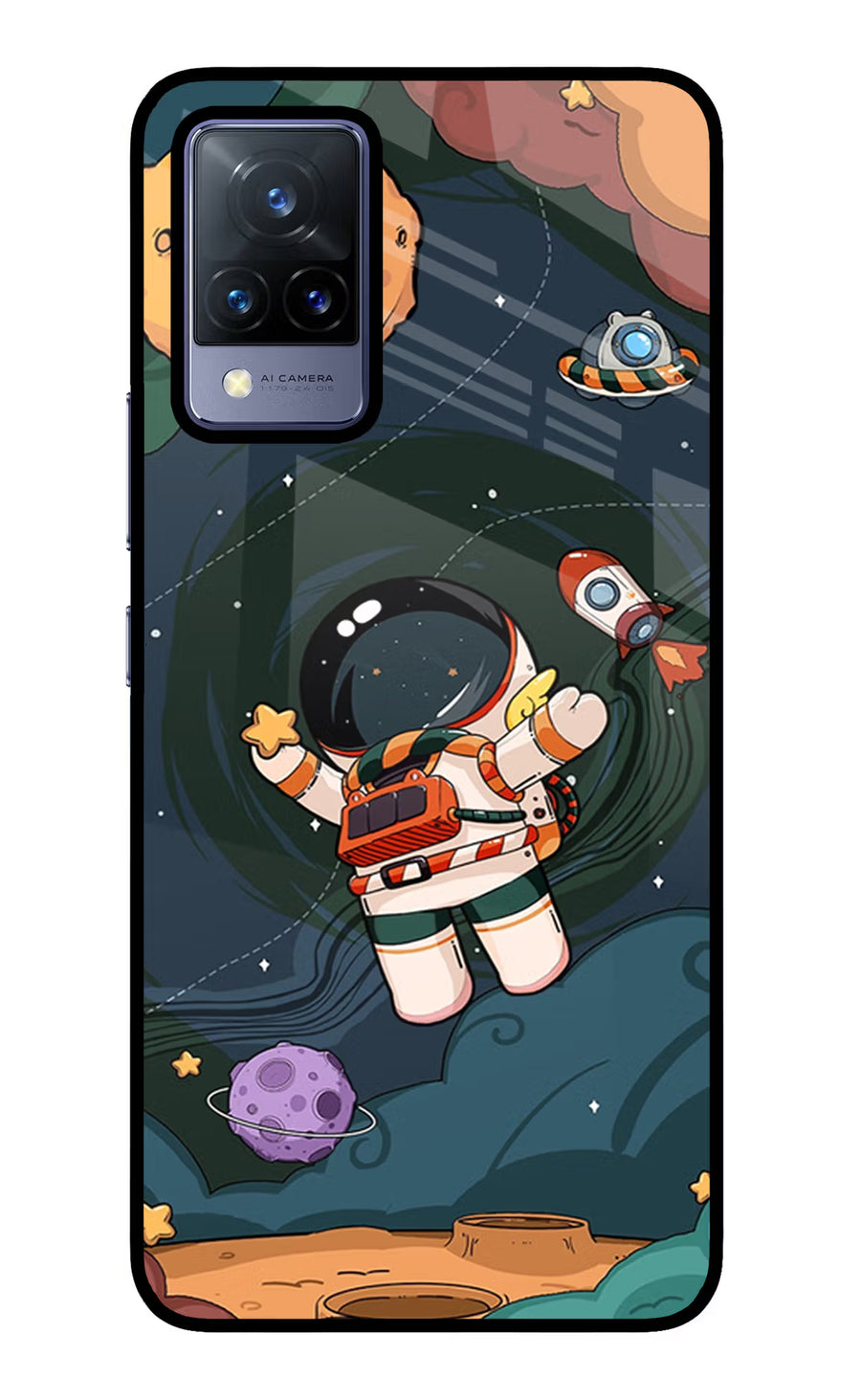 Cartoon Astronaut Vivo V21 Back Cover, Glass case