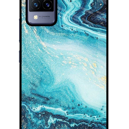 Blue Glitter Marble Vivo V21 Glass Case Back Cover by Casekaro