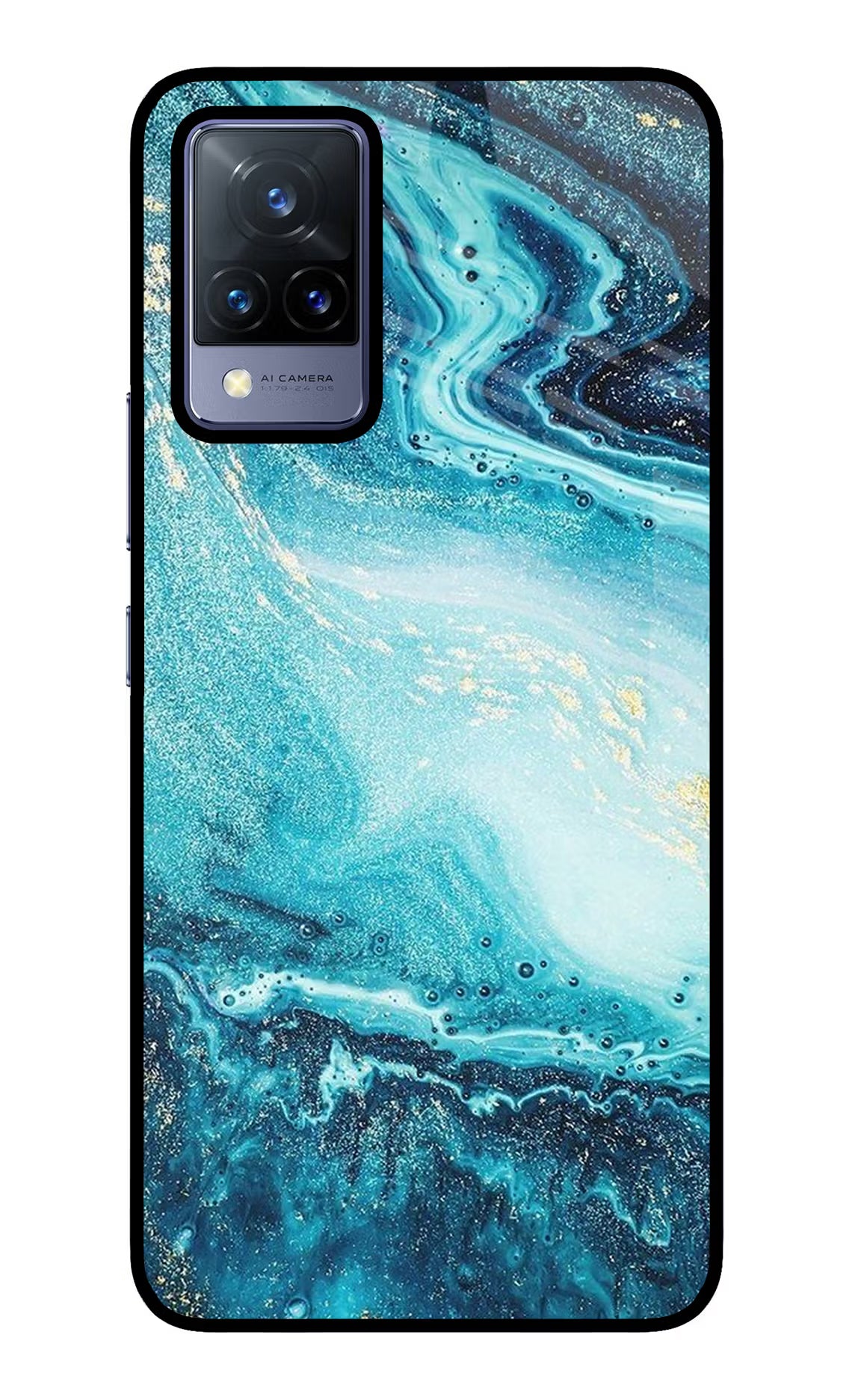 Blue Glitter Marble Vivo V21 Glass Case Back Cover by Casekaro