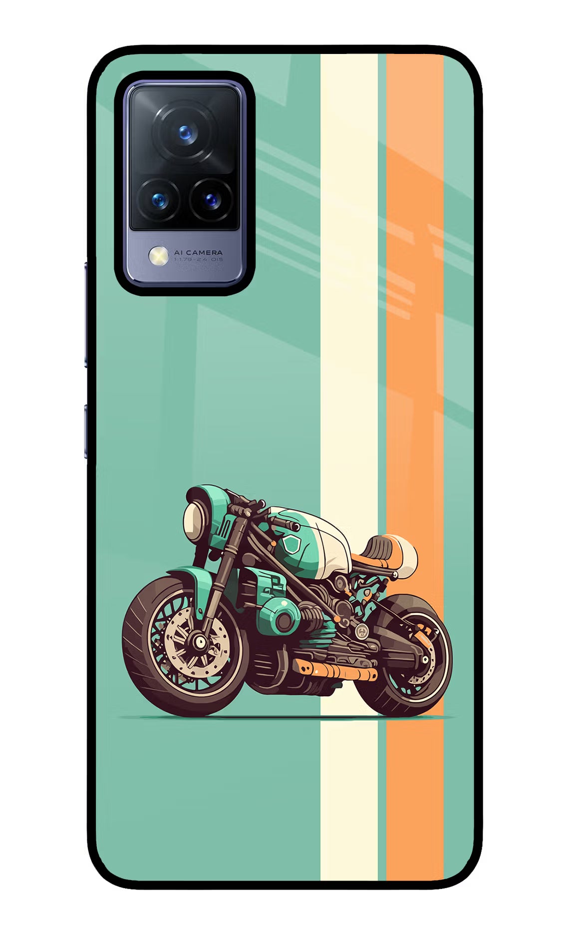 Striped Moto Drift Vivo V21 Glass Case Back Cover by Casekaro
