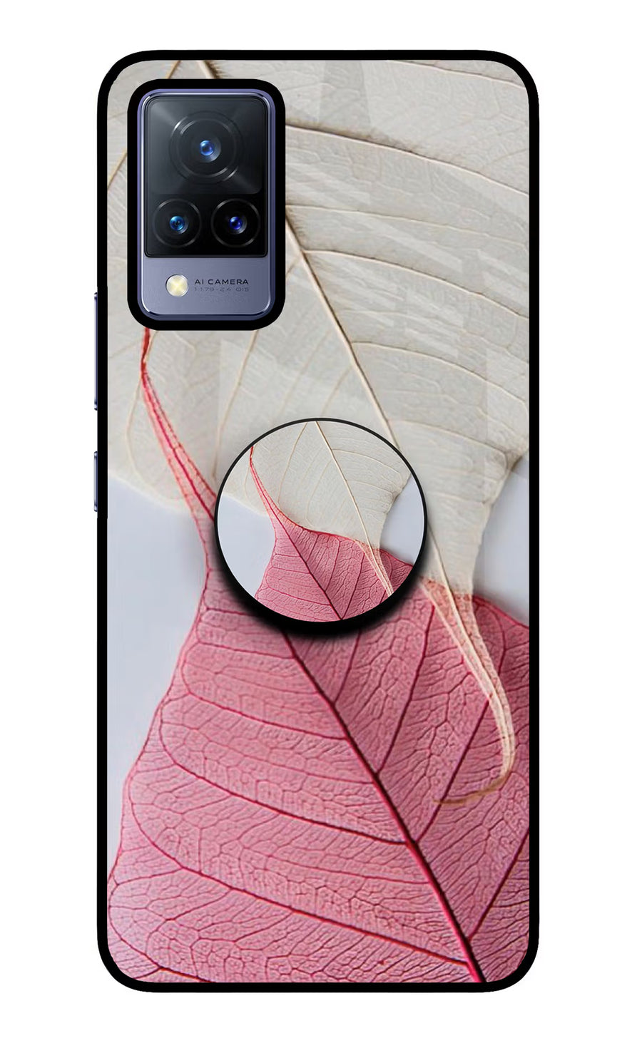 White Pink Leaf Vivo V21 Pop Case, Glass case
