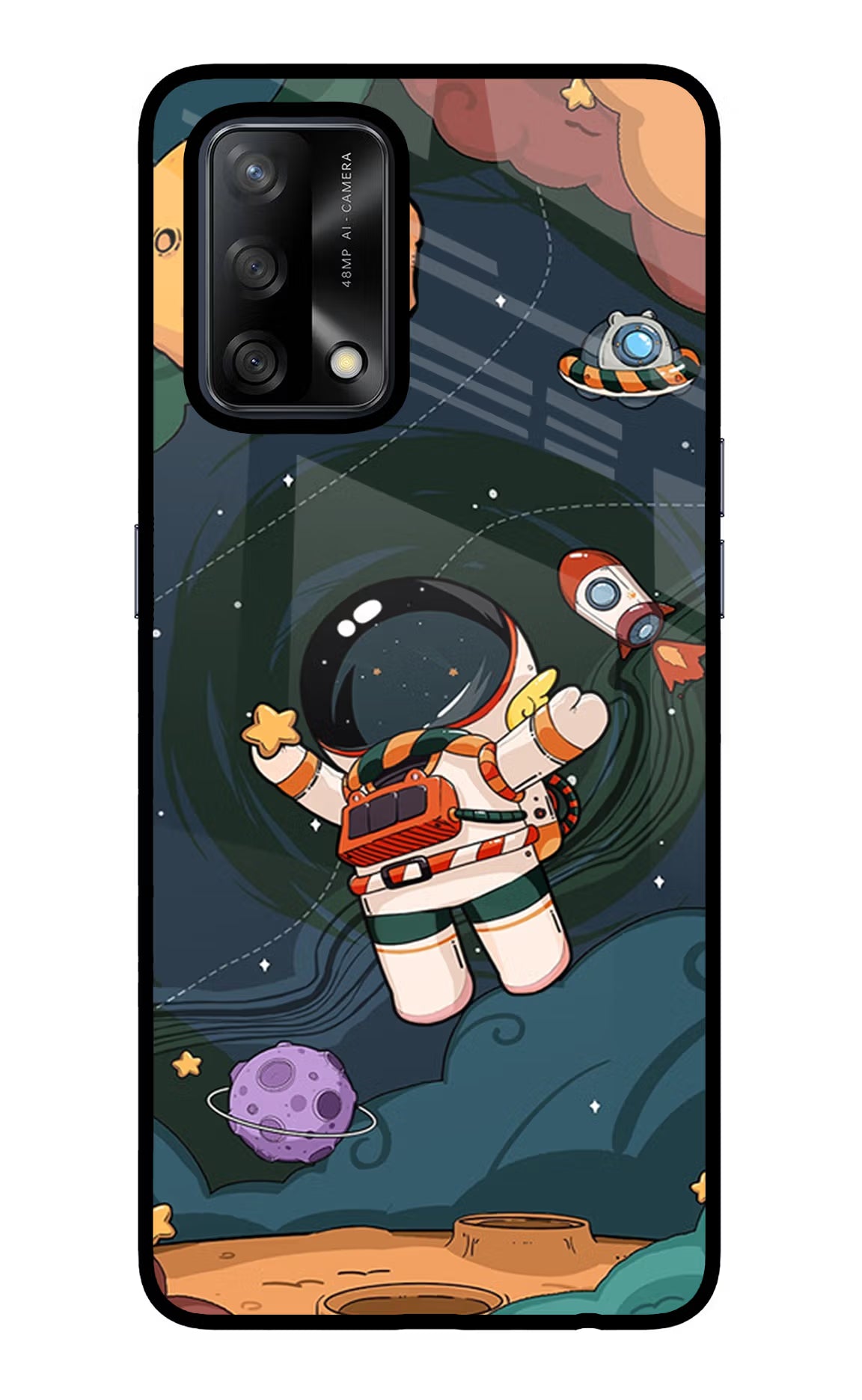 Cartoon Astronaut Oppo F19/F19s Glass Case Back Cover by Casekaro
