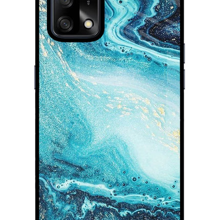 Blue Glitter Marble Oppo F19/F19s Glass Case Back Cover by Casekaro