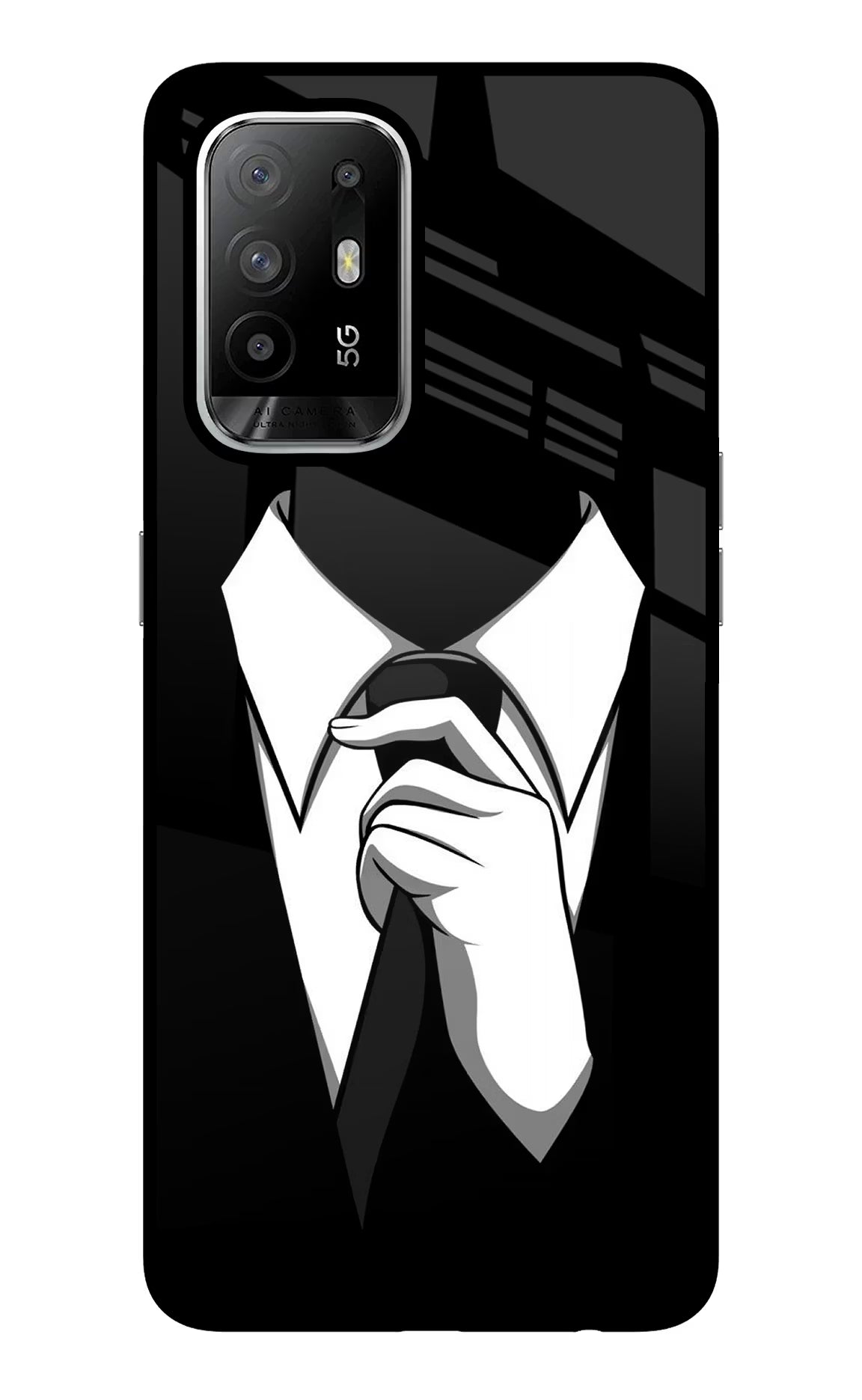 Black Tie Oppo F19 Pro+ Glass Case Back Cover by Casekaro