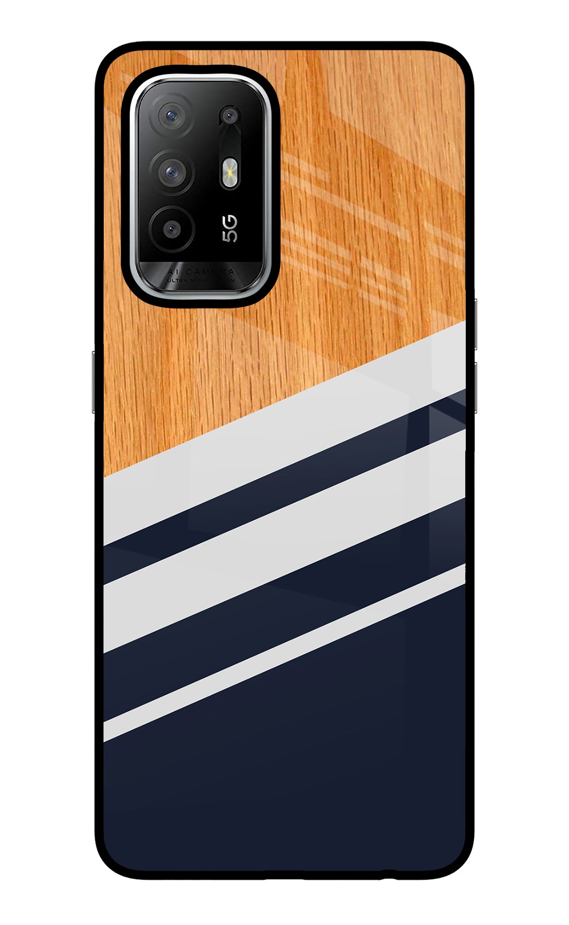 Blue and white wooden Oppo F19 Pro+ Glass Case