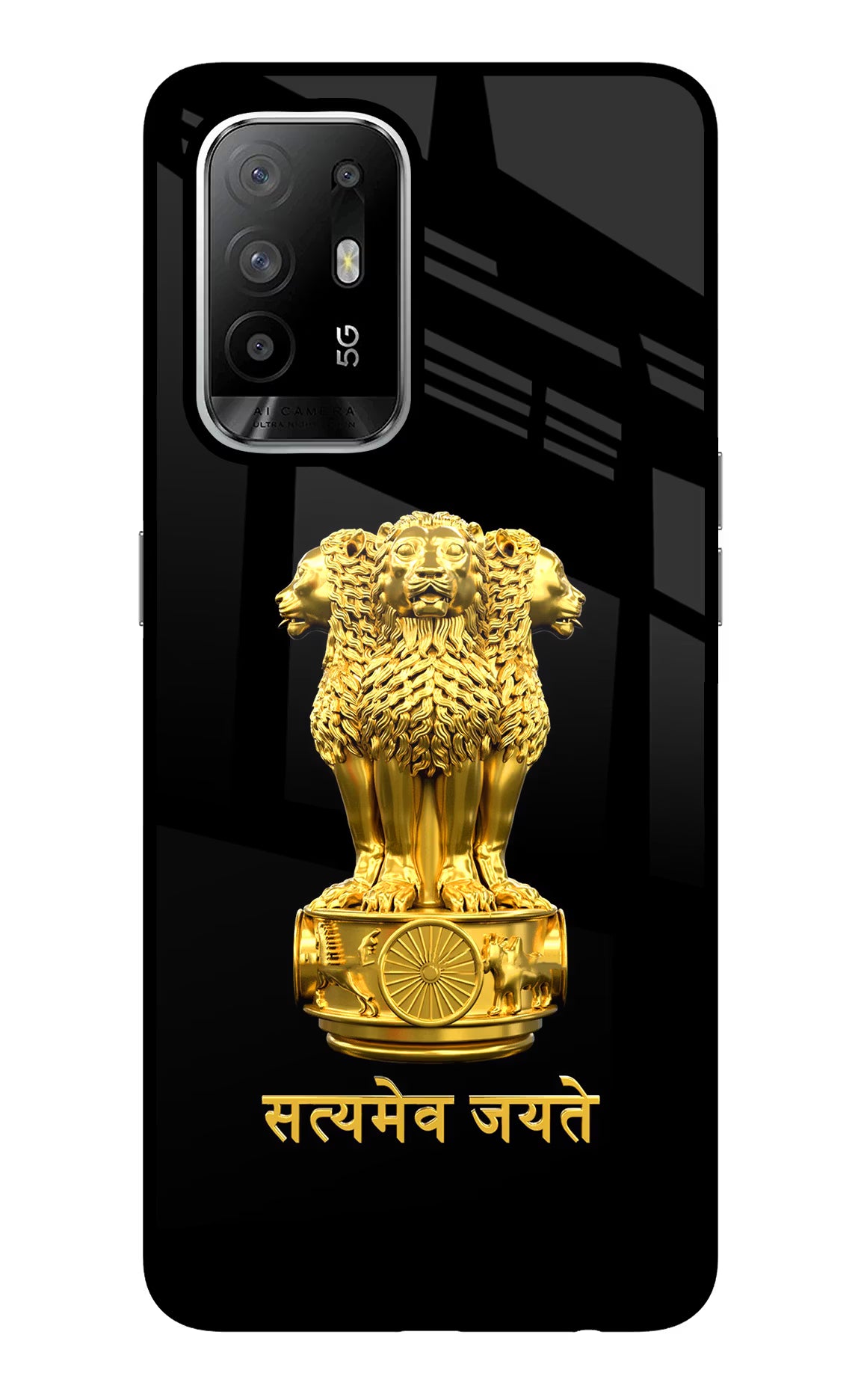 Satyamev Jayate Golden Oppo F19 Pro+ Glass Case Back Cover by Casekaro