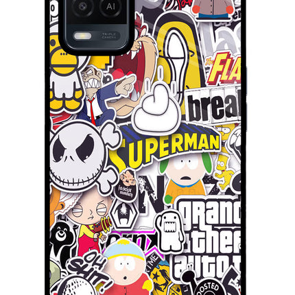 Sticker Bomb Oppo A54 Glass Case Back Cover by Casekaro