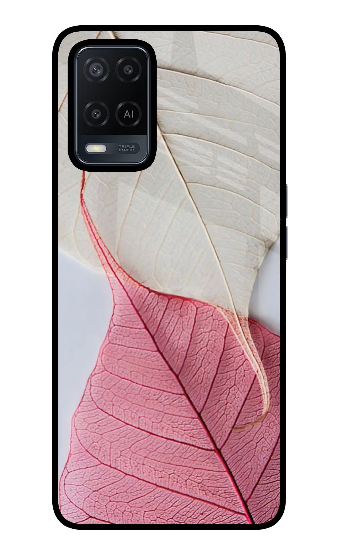 White Pink Leaf Oppo A54 Glass Case Back Cover by Casekaro