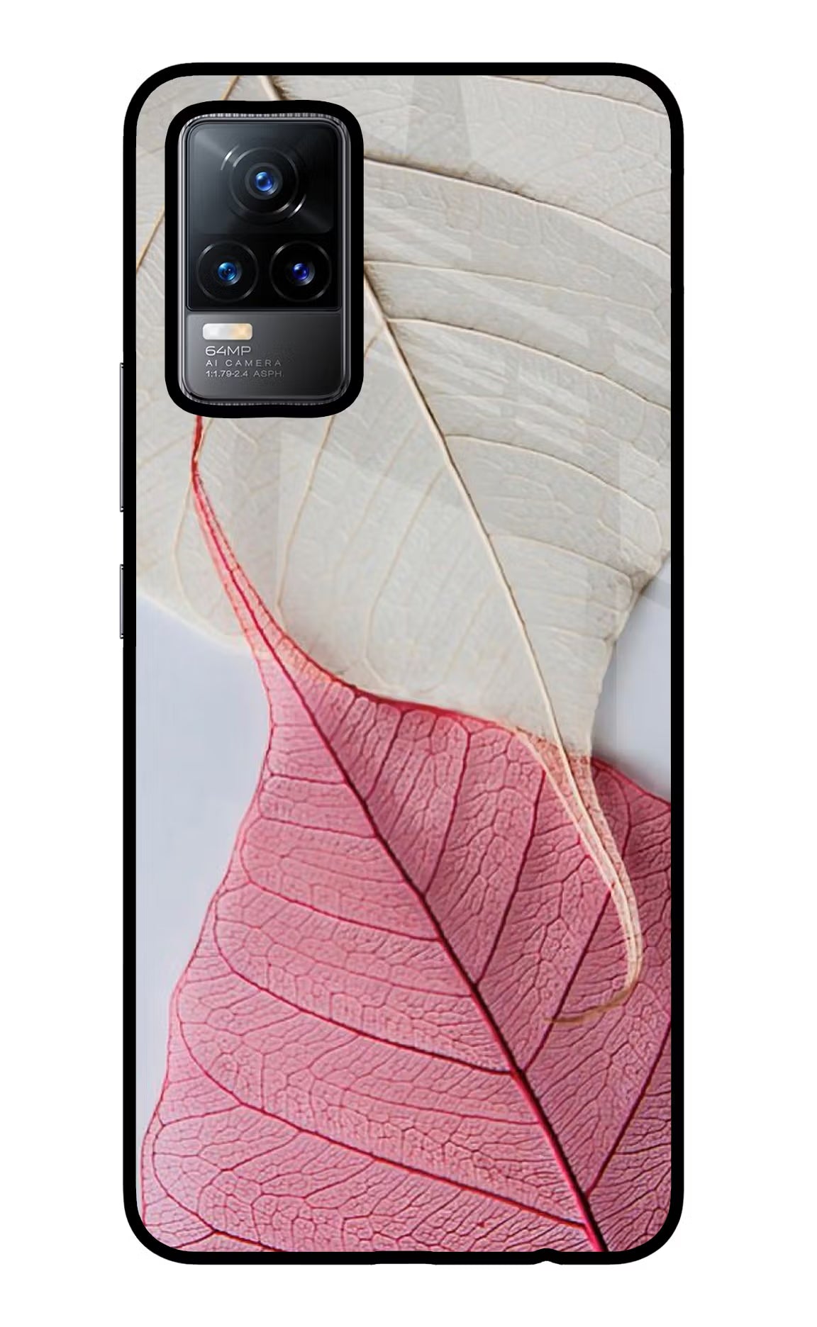 White Pink Leaf Vivo Y73/V21E 4G Glass Case Back Cover by Casekaro