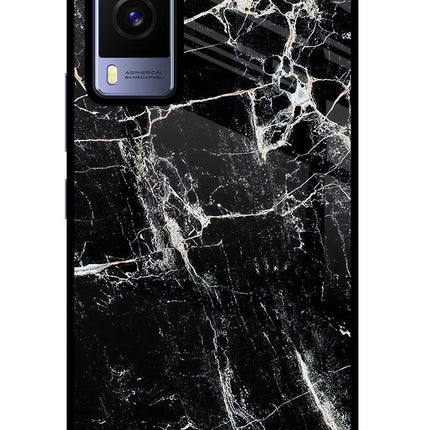 Black Marble Texture Vivo V21E 5G Glass Case Back Cover by Casekaro