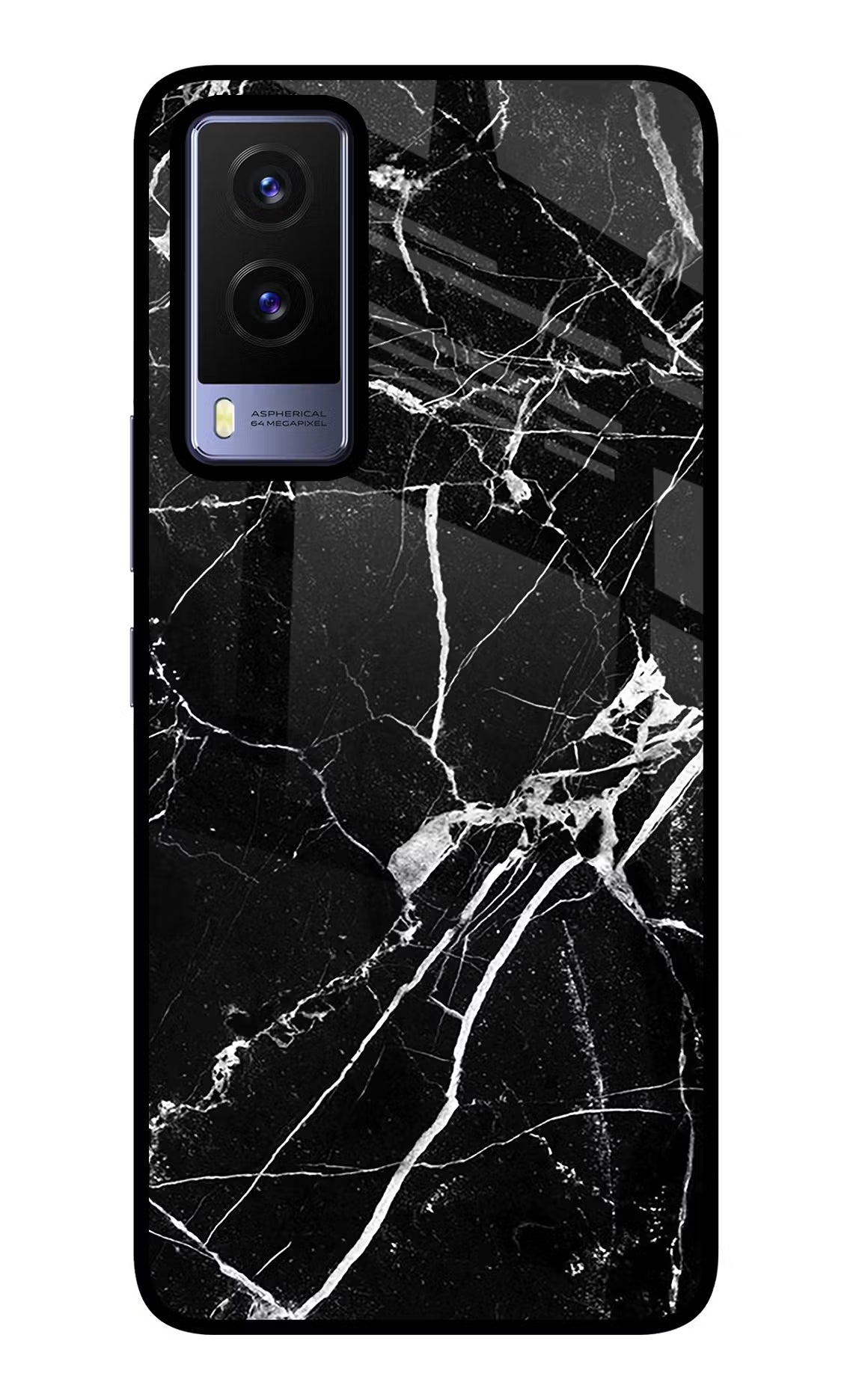Black Marble Pattern Vivo V21E 5G Glass Case Back Cover by Casekaro