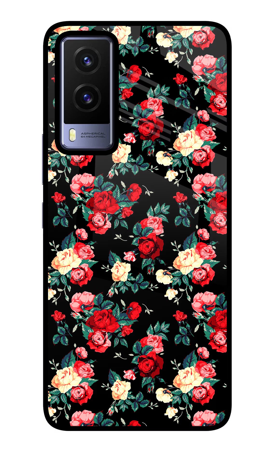 Rose Pattern Vivo V21E 5G Glass Case Back Cover by Casekaro