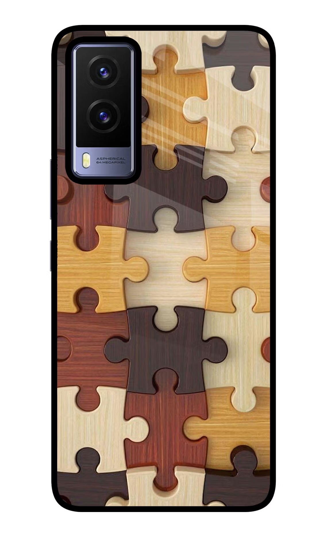 Wooden Puzzle Vivo V21E 5G Glass Case Back Cover by Casekaro