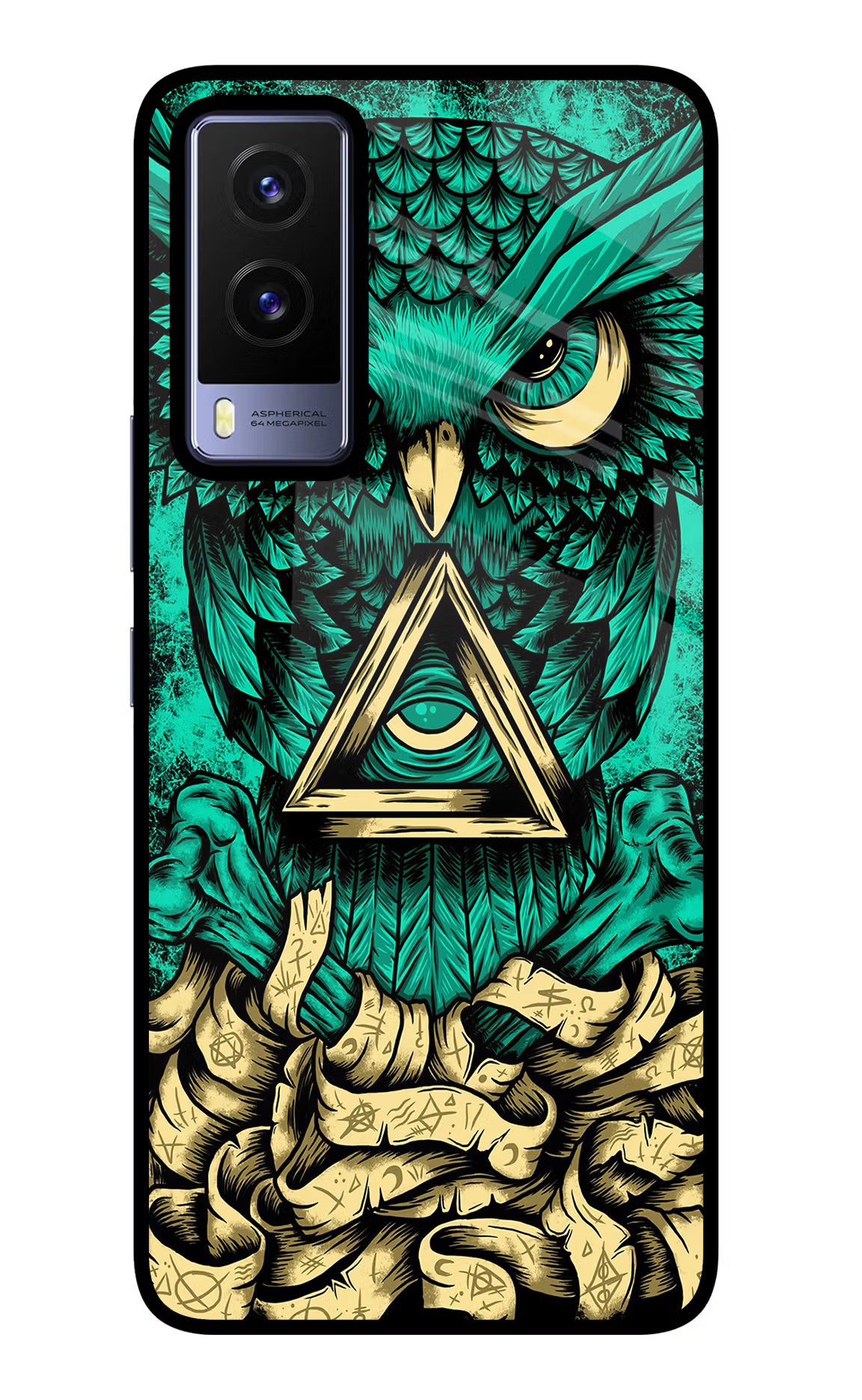 Green Owl Vivo V21E 5G Glass Case Back Cover by Casekaro
