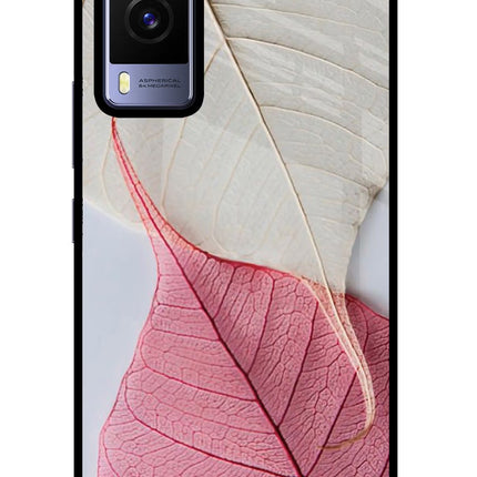 White Pink Leaf Vivo V21E 5G Glass Case Back Cover by Casekaro