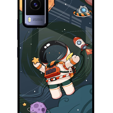 Cartoon Astronaut Vivo V21E 5G Glass Case Back Cover by Casekaro