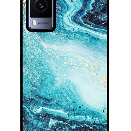 Blue Glitter Marble Vivo V21E 5G Glass Case Back Cover by Casekaro