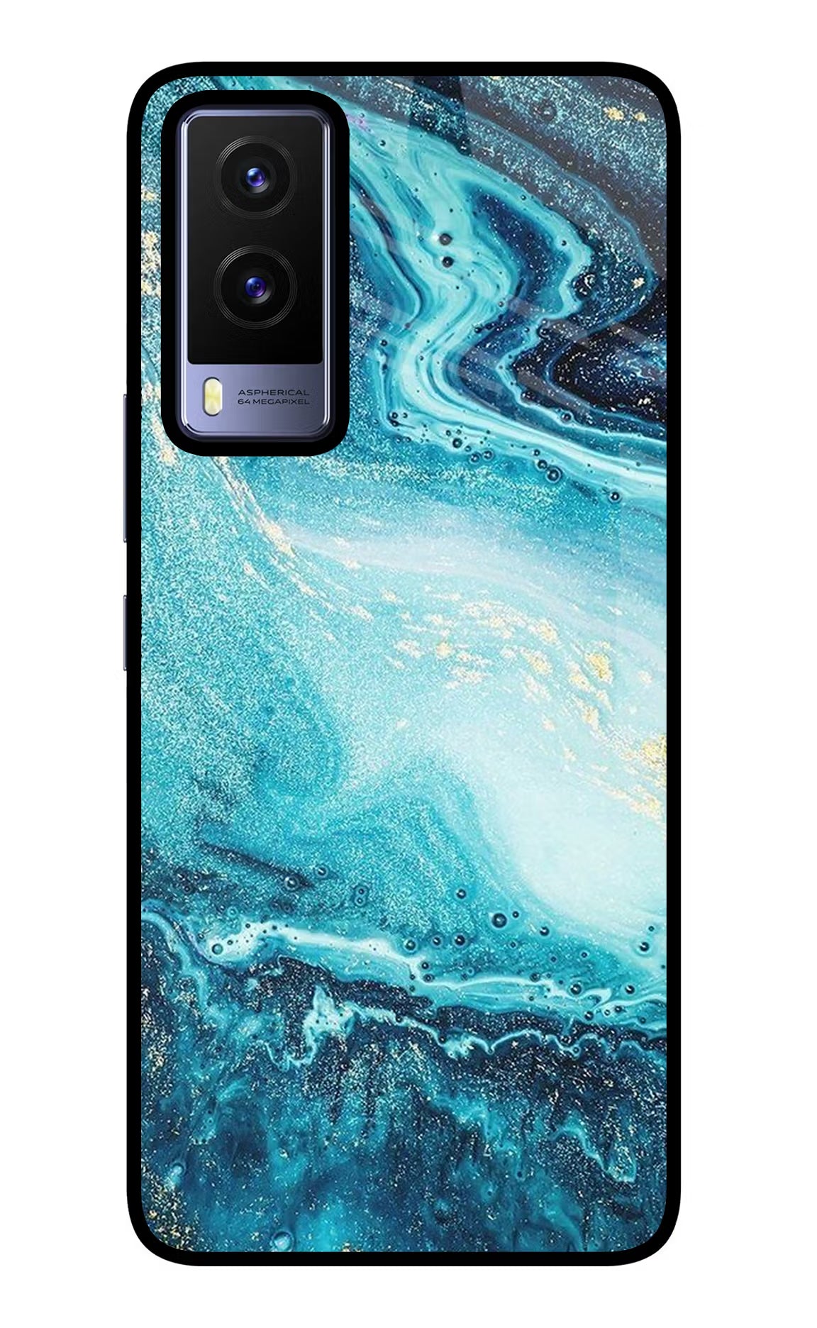 Blue Glitter Marble Vivo V21E 5G Glass Case Back Cover by Casekaro
