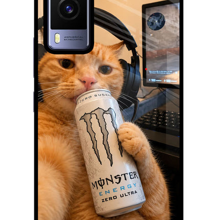 Gamer Cat Energy Vivo V21E 5G Glass Case Back Cover by Casekaro
