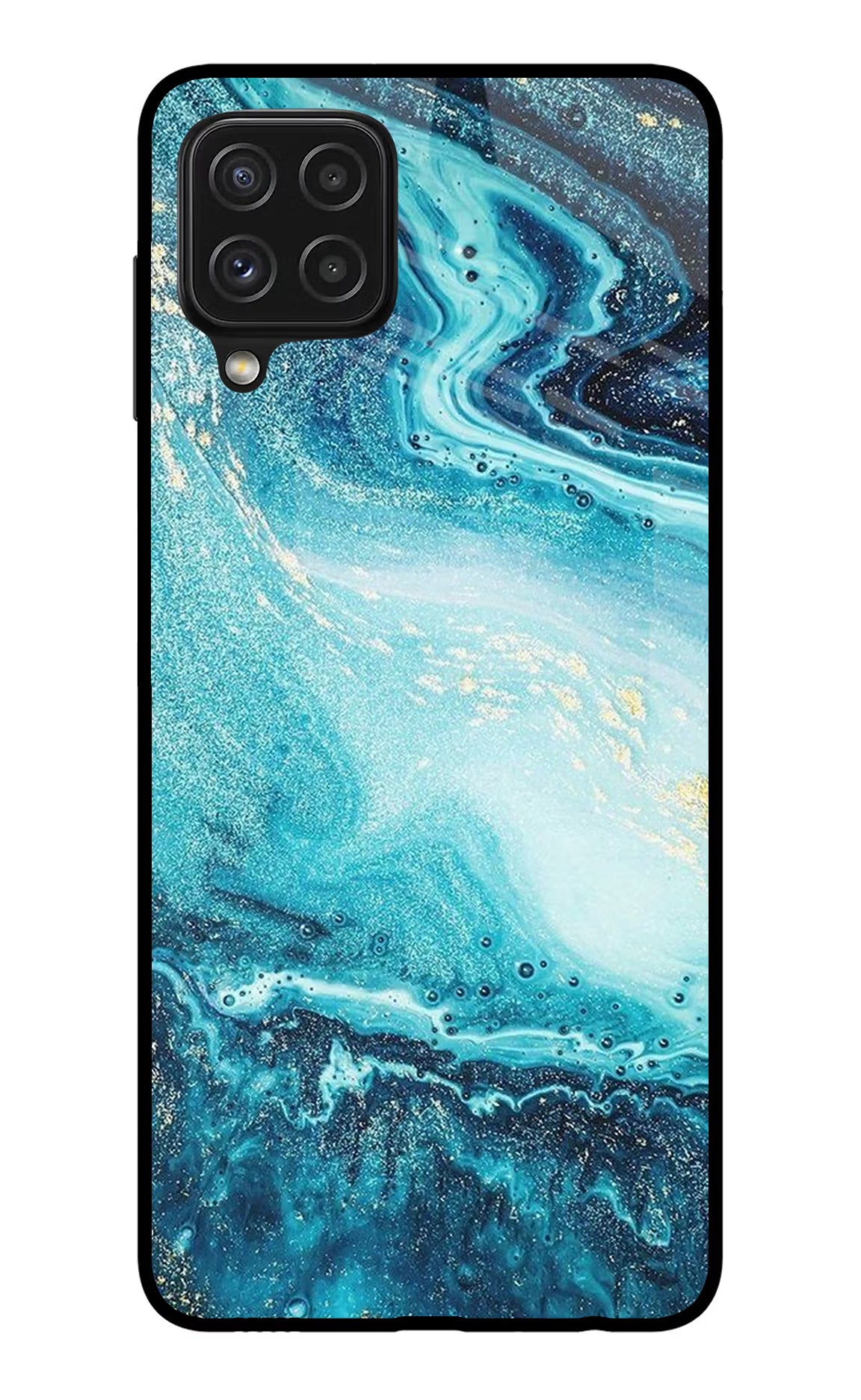 Blue Glitter Marble Samsung A22 4G Glass Case Back Cover by Casekaro