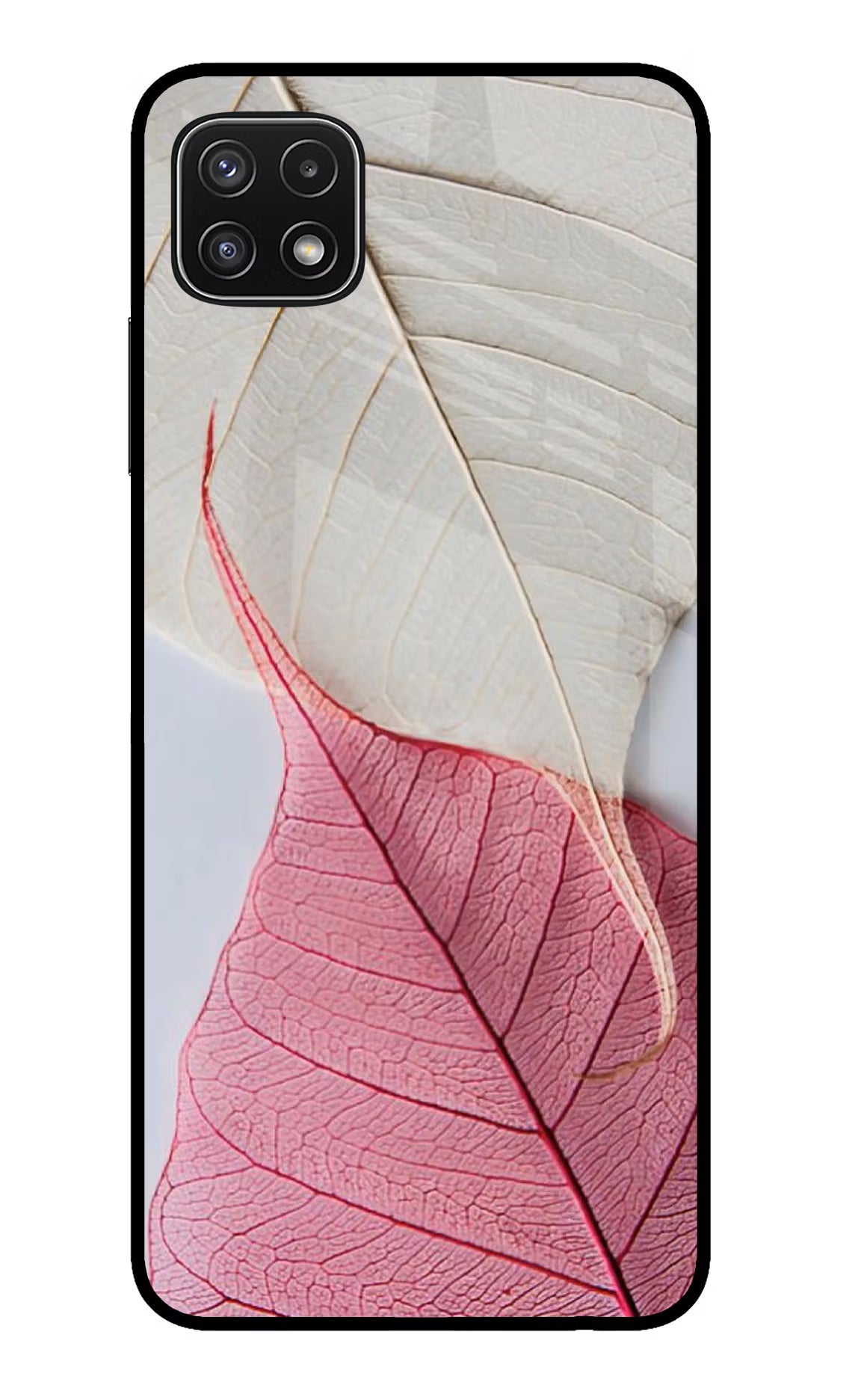 White Pink Leaf Samsung A22 5G Glass Case Back Cover by Casekaro
