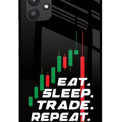 Eat Sleep Trade Repeat Samsung M32 5G Glass Case Back Cover by Casekaro