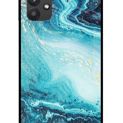 Blue Glitter Marble Samsung M32 5G Glass Case Back Cover by Casekaro