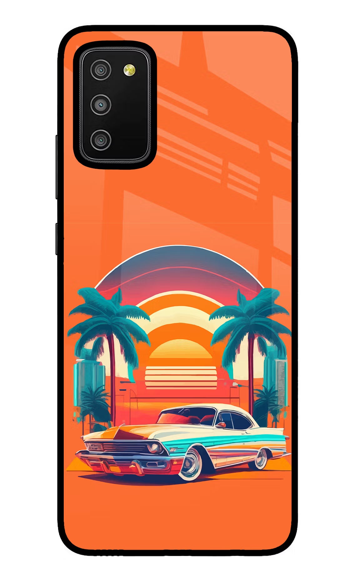 Palm Drive 80s Samsung M02s Glass Case Back Cover by Casekaro