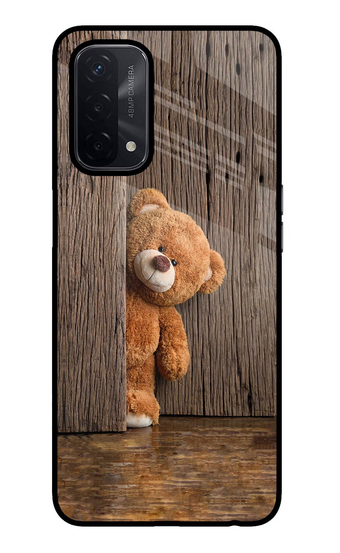 Teddy Wooden Oppo A74 5G Glass Case Back Cover by Casekaro