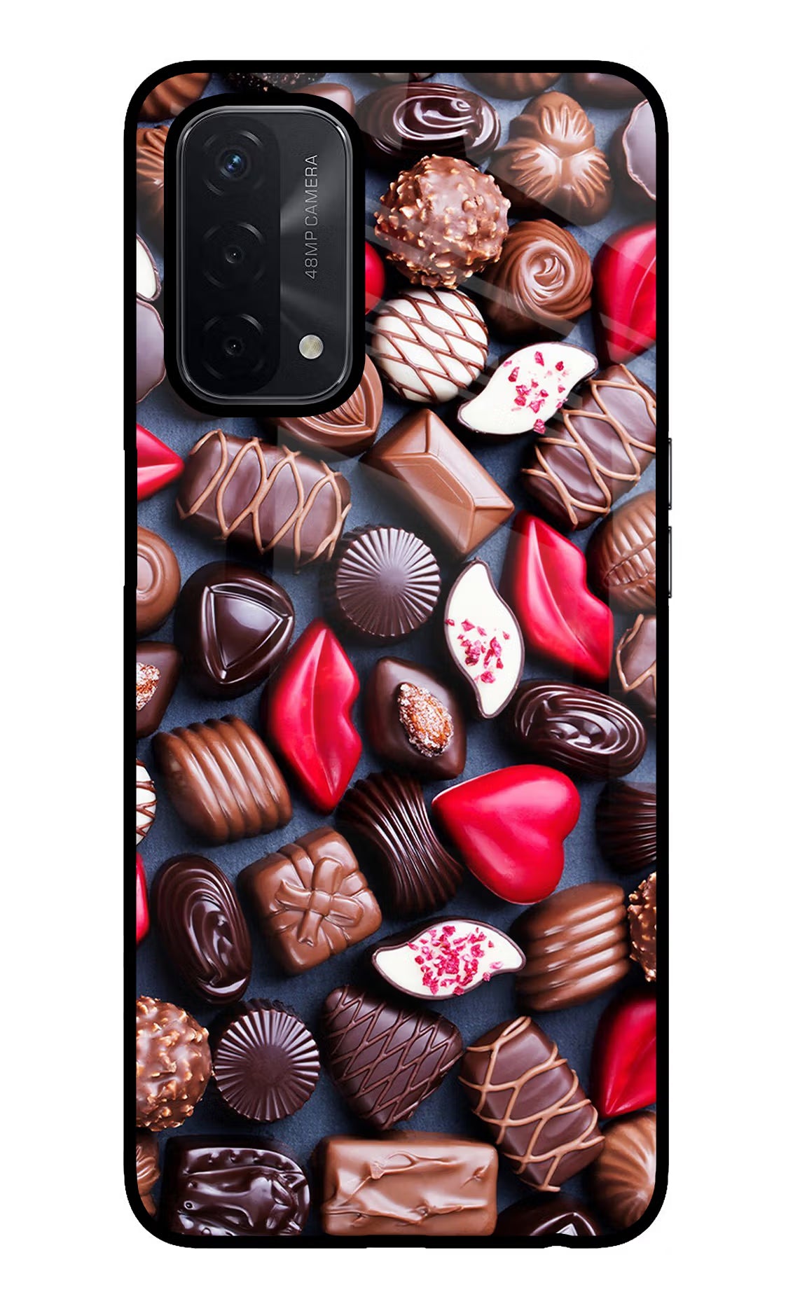Chocolates Oppo A74 5G Glass Case Back Cover by Casekaro
