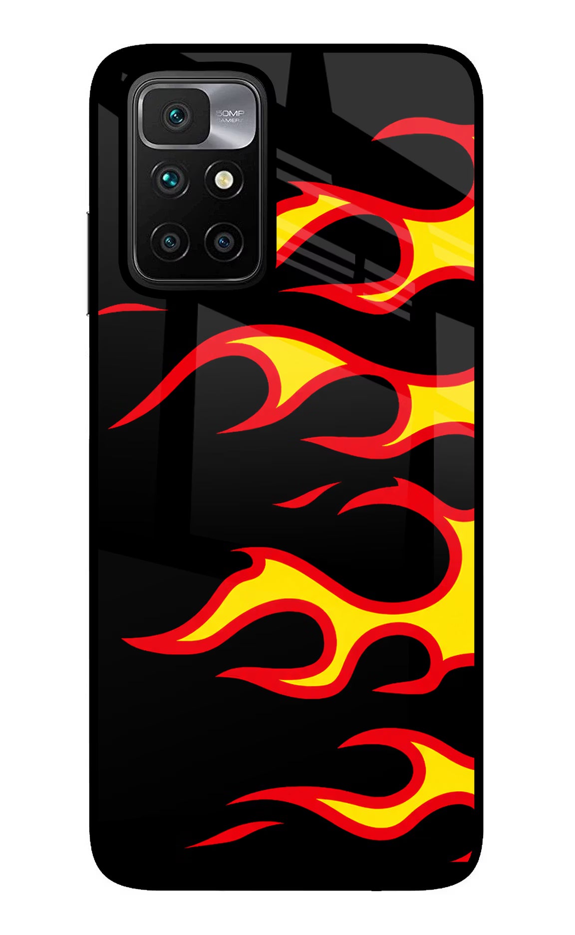 Side Sweep Flames Redmi 10 Prime Glass Case Back Cover by Casekaro